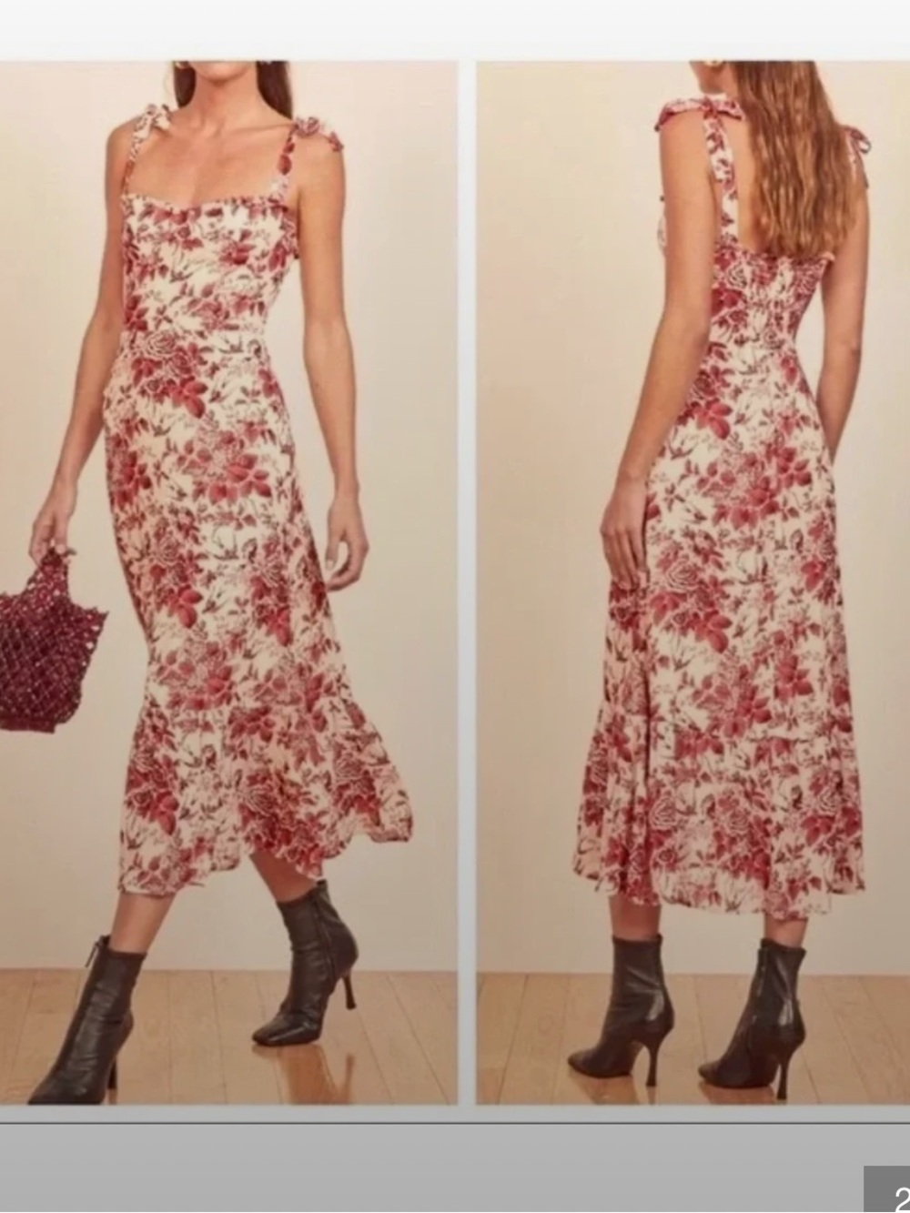 Reformation Cream Midi Dress with Red Floral Print